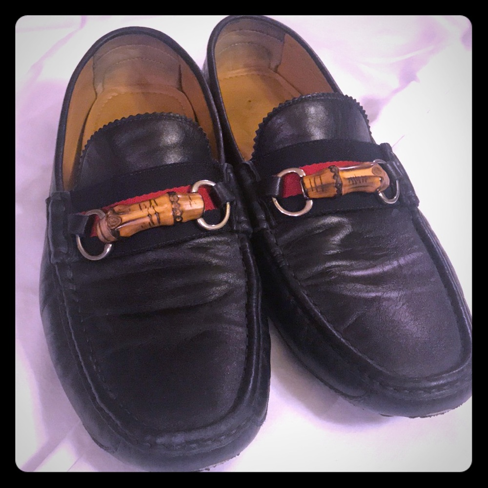 Men’s Navy Leather Gucci Bamboo Drivers